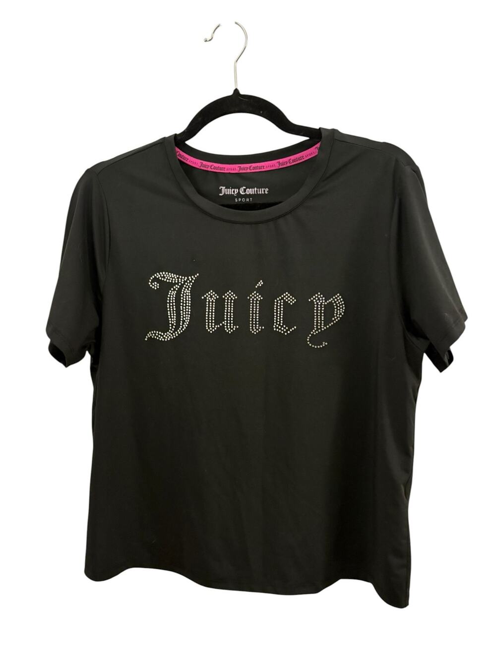 Juicy Couture Sport Black T-Shirt Large Rhinestone Spellout Sparkly Streetwear